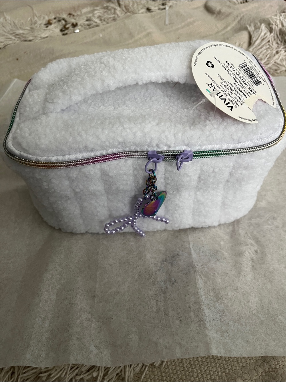 Vivitar White Sherpa Cosmetic Bag with Rainbow Zipper
